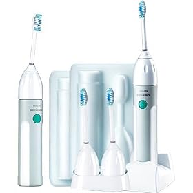 Philips Sonicare Essence E5550 Rechargeable Toothbrush System with 2 Handles, 4 Brush Heads, 1 Brush Head Holder, 2 Travel Cases