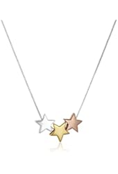 Tri Colored Sterling Silver with Yellow and Rose Gold Flashed Three Star Pendant Necklace, 18"