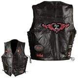 Diamond Plate Ladies Rock Design Genuine Leather Vest 2x Multiple Patches Black Snaps
