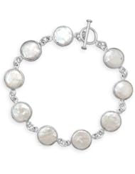 8" Sterling Silver and 10mm Bezel Set Cultured Freshwater Coin Pearl Toggle Bracelet.