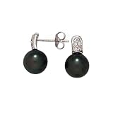 14K White Gold 1/5 ct. Diamond with Black Tahitian Pearl Earrings