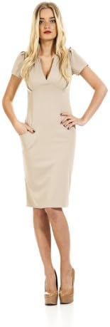 Sexy Short Sleeve Pencil Dress Pockets Midi Length Plunge V Neck Office S|M|L (Medium, Caramel)