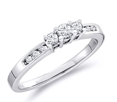 Solid 14k White or Yellow Gold 3 Three Stone Round Brilliant Cut Diamond Engagement or Anniversary Ring Band with Side Stones (1/4 cttw)