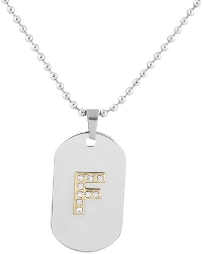 2 Pieces of Stainless Steel Silvertone with Goldtone Iced Out Letter F Initial Dog Tag Pendant with a 24 Inch Ball Necklace