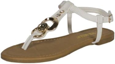 RCK Bella Womens Atina-1 T Strap Front Gold Metallic Decoration Flat Sandal, white leatherette, 10 M US