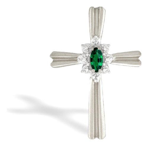 14K White Gold Marquise Created Emerald and Diamond Cross Pendant
