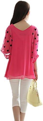 Dilian Women Chiffon Sheer Polka Dot Sleeve V-Neck Blouse Top Rose Red M