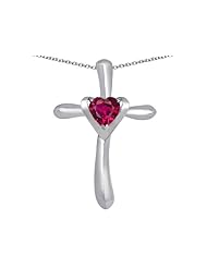 Original Star K (tm) Cross Love Pendant with 6mm Heart Shape Created Ruby in 925 Sterling Silver
