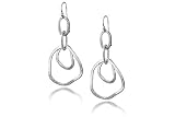 14K White Gold Matte-Finish Hand-Crafted Free-Form Designer Open Link Dangling Earrings.