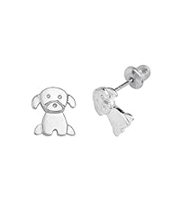 .925 Sterling Silver Rhodium Plated 8mm(H) x 6mm(W) Baby Dog Children Stud Earrings with Screw-back