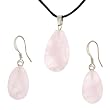 Rose Quartz Flatdrop Shaped Pendant and Earrings Set - 13x22mm Pendant, 11x17mm Earrings - Adjustable Cord Necklace