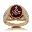 Red Masonic Ring w Compass and Square and Bell and Arrow
