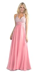 Chiffon/Silk Halter Full Length Beaded Crystals Crystal Lace-Up Evening Dress 
