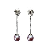 Dainty Sweet Butterfly Dangling Pearl Earrings in Sterling Silver, Lavender