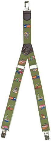 Patterned Kid's Clip Suspenders - Green Vehicles