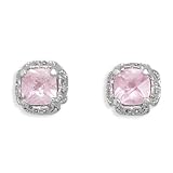 Rhodium Plated Synthetic Pink Sapphire and Pave CZ Earrings