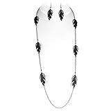 Black Tone Long Feather Necklace and Earrings Set Fashion Jewelry