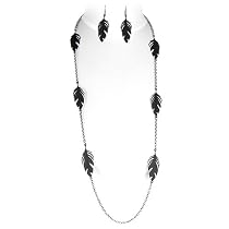 Black Tone Long Feather Necklace and Earrings Set Fashion Jewelry