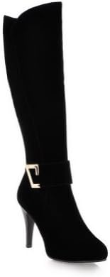 QueenFashion Women's Frosting Leather Short Plush Lining Solid High Heels Knee-High Boots with Zippers and Metal Buckles,Black,39