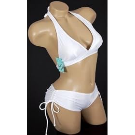 Womens Junior Size Swimwear New Sexy Boyshorts Halter 2 pc Bikini Swimsuit White