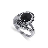 Sterling Silver Marcasite Band Black Onyx Gemstone Ring