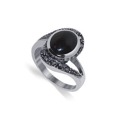 Sterling Silver Marcasite Band Black Onyx Gemstone Ring