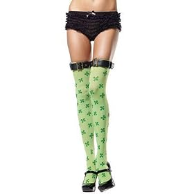 St. Patrick's Day Clover Print Thigh High Nylon Stocking with Belt Buckle Top