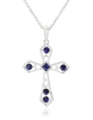 Sterling Silver Square Round Created Ceylon Sapphire Cross Pendant Necklace, 18"