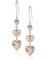 14K Tri-Color Yellow, White and Rose Gold Hearts Dangle Earrings