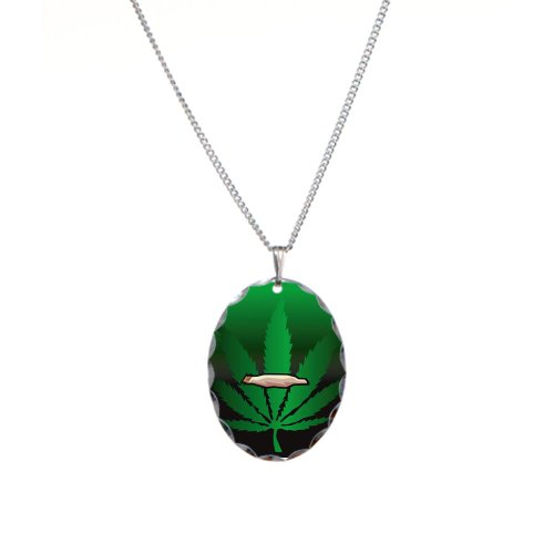 Necklace Oval Charm Marijuana Joint and Leaf