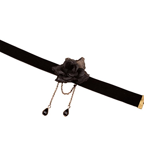Yazilind Pretty Women Black Flower Brass Chain Beads Black Pendant Choker Necklace