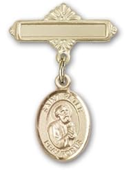 14K Gold Baby Badge with St. Peter the Apostle Charm and Polished Badge Pin