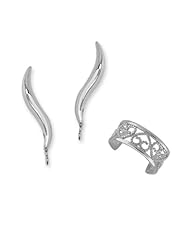 The Ear Pin 10k White Gold Bright Earrings with Filigree Heart Earcuff Jewelry Set