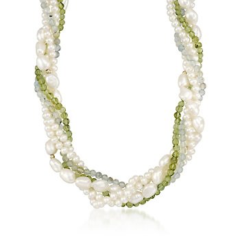 Pearl and Mixed Gem Torsade With 14kt Yellow Gold Clasp