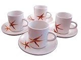 ArtisanStreet's Eight Piece China Espresso Coffee Set Features Four Cups And Four Matching Saucers. Golden Starfish Design on White China. One Of A Kind, Hand Painted & Signed By Artisan.