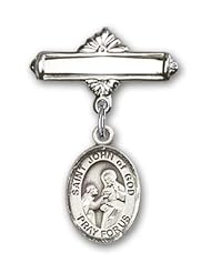 Sterling Silver Baby Badge with St. John of God Charm and Polished Badge Pin