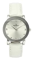 Peugeot Womens White Embossed Genuine Leather Strap Watch with a Round Mirrored Bezel and Crystal Accented Hour Markers