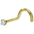 Solid 14KT Yellow Gold 2mm Clear Cubic Zirconia Right Nostril Screw - 18 Gauge