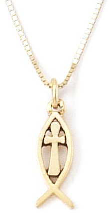 14k Yellow Gold Cross in Fish Pendant by Bob Siemon, 18