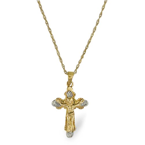 9ct Yellow Gold Diamond Set Cross Pendant With 1pt Diamond On An 18 Prince Of Wales Gold Chain