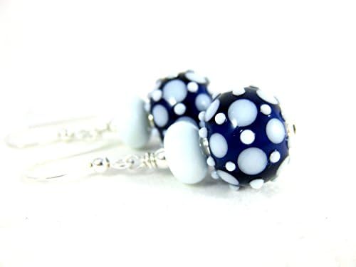 Cobalt Blue and White Polka Dot Lampwork Glass and Sterling Silver Drop Earrings