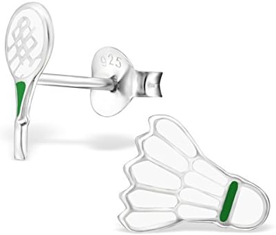 Children's Silver Shuttlecock and Badminton Racket Colorful Ear Studs with Epoxy