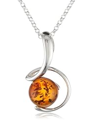 Sterling Silver Honey Amber Round Pendant Necklace , 18"