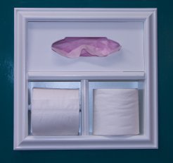 (TP-8) Recessed In the wall Bathroom Toilet Paper Holder/Kleenex tissue dispenser, inset in the wall between studs, Solid Wood, accommodates both single and double size rolls, Enamel finish or stain finish in your color choice, or unfinished also! Replace those ugly rusting metal units with a solid wood custom product!