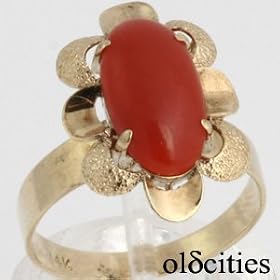14K Yellow Gold Como Coral Cabochon Ring, Circa 1940 - OldCities Vintage... by 14