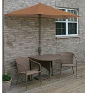Blue Star GroupBlue Star Group Terrace Mates Adena All-Weather Wicker Coffee Color Table Set w/ 9'-Wide OFF-THE-WALL BRELLA - Teak Sunbrella Canopy