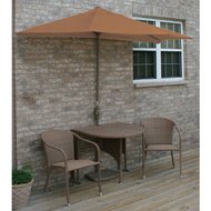 Blue Star GroupBlue Star Group Terrace Mates Adena All-Weather Wicker Coffee Color Table Set w/ 9'-Wide OFF-THE-WALL BRELLA - Teak Sunbrella Canopy