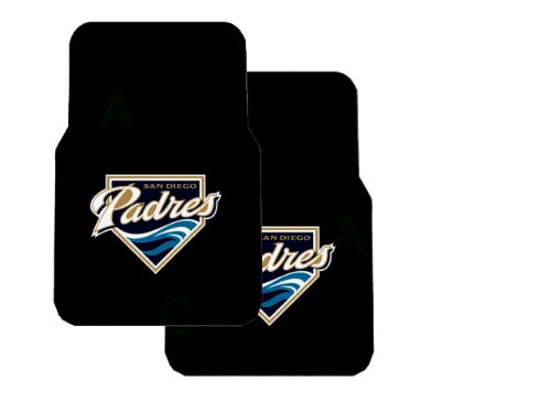 Set of 2 MLB Major League Baseball Licensed Universal-Fit Molded Front Rubber Floor Mats and Set of 2 MLB Licensed Universal-Fit Front Bucket Seat Cover - San Diego Padres