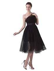 A-line Satin/Tulle One Shoulder Sheer Tea Length Party Dress 