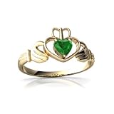 14K Yellow Gold Heart Genuine Emerald Celtic Claddagh Ring